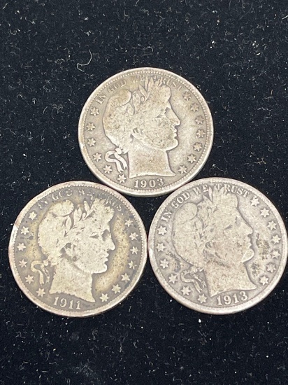 three Barber half dollars, 1903-O, 1911-Sand 1913-D 90% silver