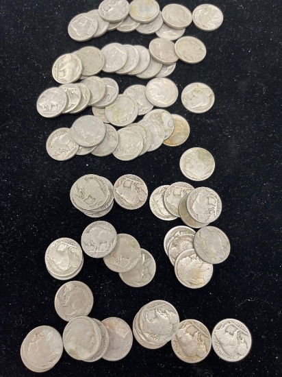 A lot of 70 Buffalo nickels worn off dates