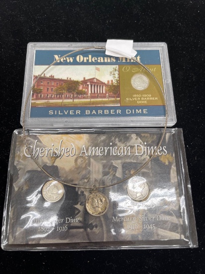 two Barber dimes two Mercury dimes, one of which is on a necklace