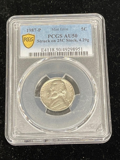 PCGS AU 50 Mint Error Nickel Struck On Quarter Stock