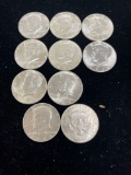 A lot of 10 1964 Kennedy half dollars 90% silver