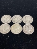 lot of six mercury dimes 90% silver