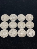 Lot of 12 1964 and below Washington quarters 90% silver
