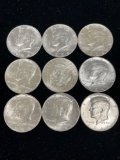 lot of nine 1964 Kennedy half dollars 90% silver