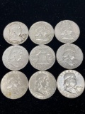 A lot of nine Franklin half dollars 90% silver