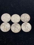 lot of six walking liberty half dollars 90% silver
