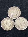 three Barber half dollars, 1903-O, 1911-Sand 1913-D 90% silver