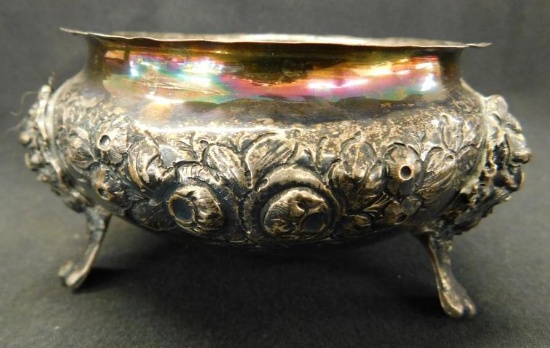 Sterling Silver - 3 Footed Embossed Bowl - Floral and Lions Head - 146 Grams