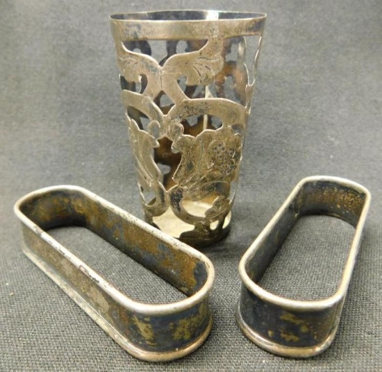 Sterling Silver - Pair of Engraved Napkin Rings - Small Cup Minus Glass - 34 Grams