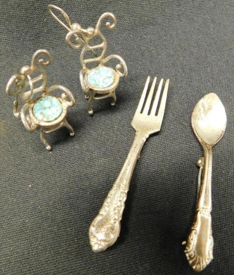 Sterling Silver - Chair Pierced Earrings - Fork and Spoon Pins - 16 Grams