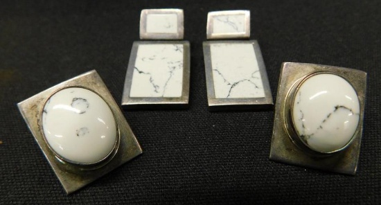 Sterling Silver - 2 Pairs of Agate/Marble Pierced Earrings - 32 Grams TW