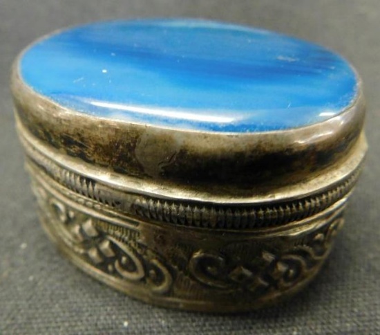 Sterling Silver - Trinket Box with Blue Agate Top - 1" x 1.75" x 1.5" - 45 Grams TW