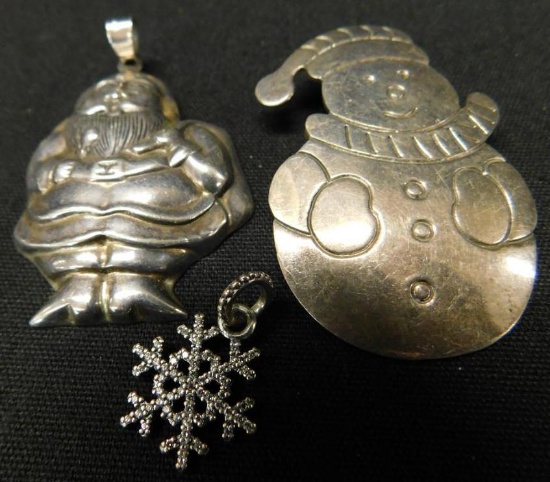 Sterling Silver - 3 Christmas Pieces - Snowman Pin - Santa Slide - Snowflake Pendant - 29 Grams
