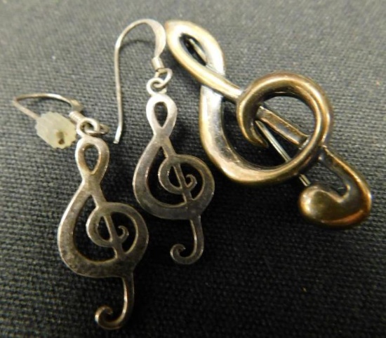 Sterling Silver - Musical Note Pierced Earrings and Pin - 6 Grams