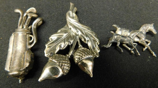 Sterling Silver - 3 Pins / Brooches - Horses - Golf Bag - Acorn - 17 Grams