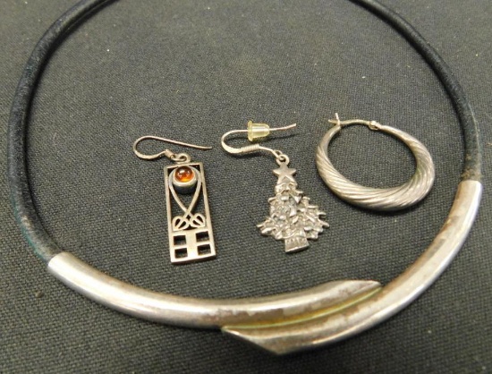 Sterling Silver - 3 Single Earrings and Leather Necklace - 23 Grams TW
