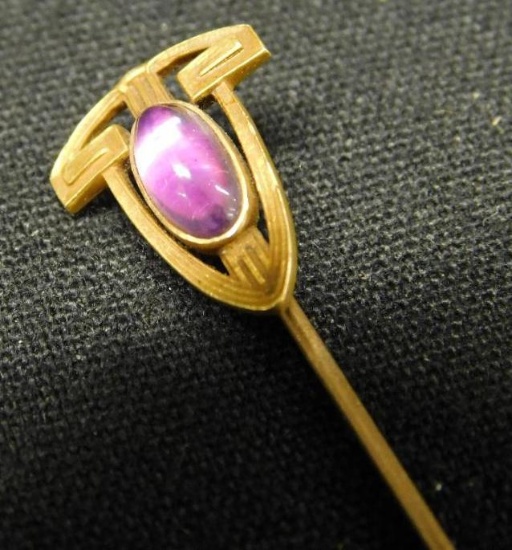 14K Yellow Gold - Stick Pin - Pink Stone - 1.8 Grams TW