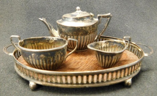 Sterling Silver - Miniature Tea Set With Tray (4" - 2.25") - 29 Grams TW