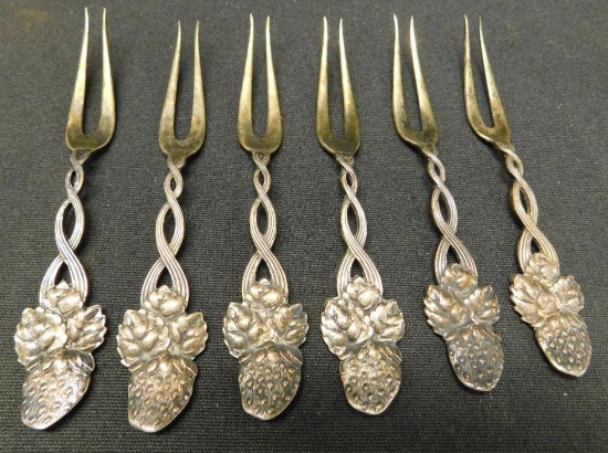 Sterling Silver - Group of Early 6 Tiffany and Co. Strawberry Forks - Vermeil - 100 Grams