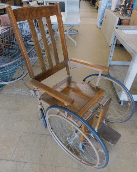 Vintage Wood and Metal Wheel Chair with Spoked Wheels - 48" x 27" x 37"