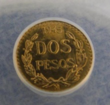 Auction photo of 1945 · 90% Gold - 1945 Dos Pesos Coin - Contains 1.5 Grams Pure Gold