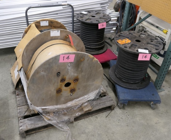 Spools of Cable, 1 Pallet & Items on 2 Dollies