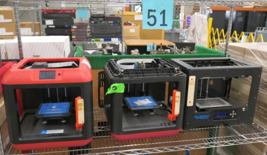 3D Printers:  Flashforge Finder (2), Flashforge Creator Pro, 3 Items on Shelf