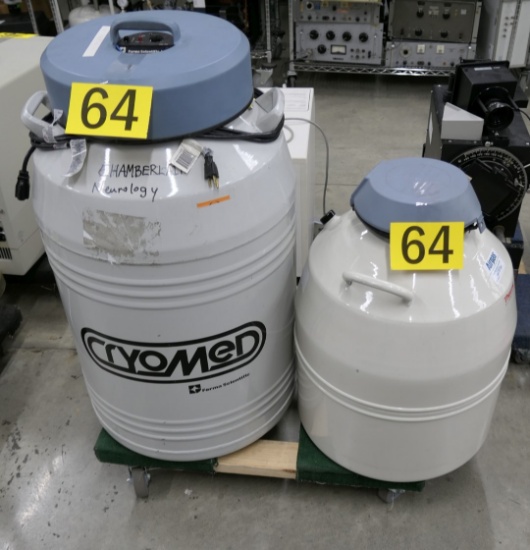 Liquid Nitrogen Transfer Systems: Thermo Scientific & Forma Scientific Cryomed. 2 Items on Dolly.