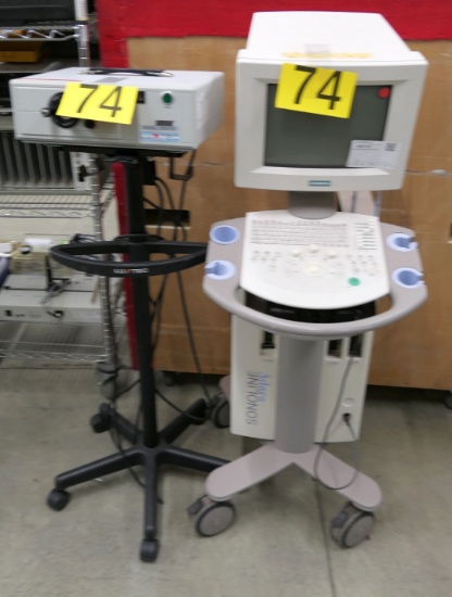 Misc. Lab Equipment Group W: Ultrasound & LuxTec Light. 2 Items with Wheels.
