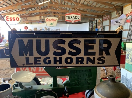 Musser Leghorns Pressed Tin Advertising Sign
