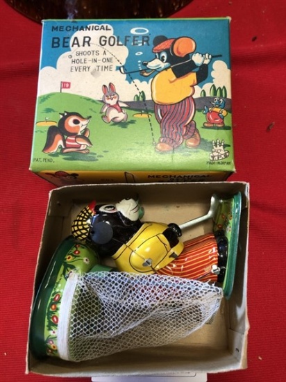 Vintage Tin Litho Decorated Mechanical Bear Golfer