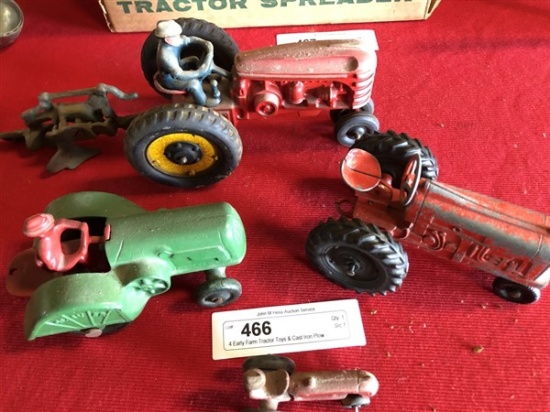 4 Early Farm Tractor Toys & Cast Iron Plow
