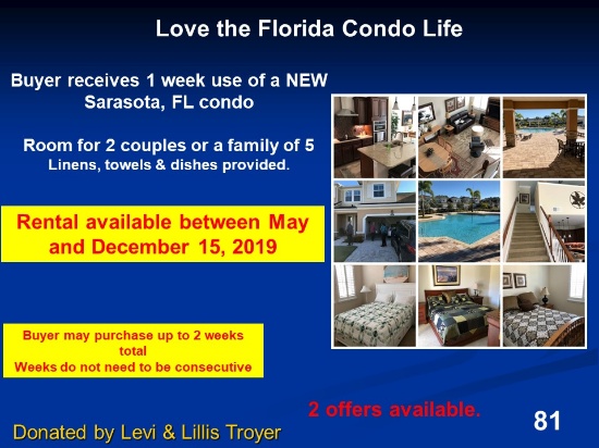 One week stay in a new Florida condo for family of 5   May - December 15, 2019 (choice of 2)