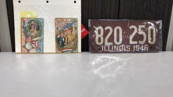 License Plate & 4 Military Post Cards