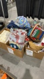 4 boxes, picnic basket, blankets