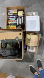 4 boxes- VHS tapes, crocs, muck boots, misc