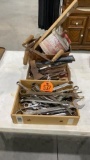 3 boxes, hatchets, drill knives, wrenches
