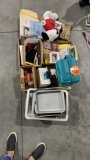 5 boxes - misc, pans, brushes, candles, postcards