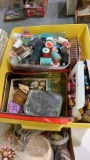 4 boxes, Sewing basket, thread, misc