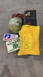 Suitcase, globe, feed bag, signs