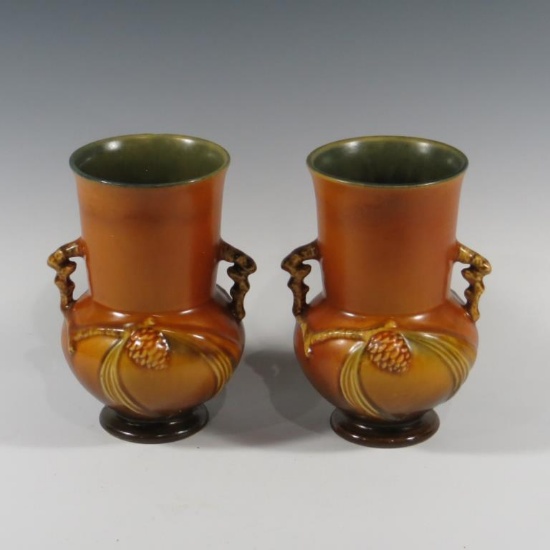 Pair of Roseville Brown Pine Cone Vases