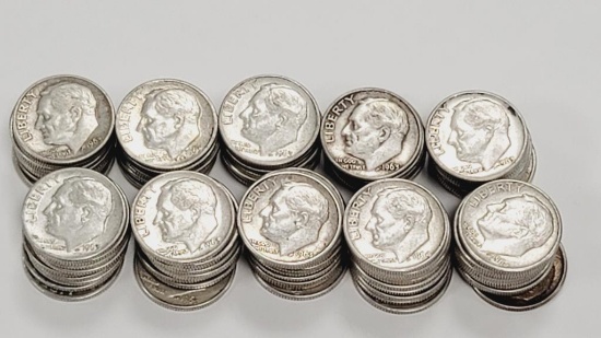 Roosevelt 1963 &1964 Silver Dimes (100)