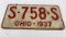 1937 Ohio License Plate