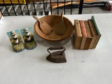 Wooden Bowl, Sad Iron, Books, Book Ends