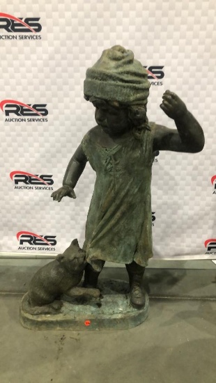 38" Bronze Girl w/ Cat Statue