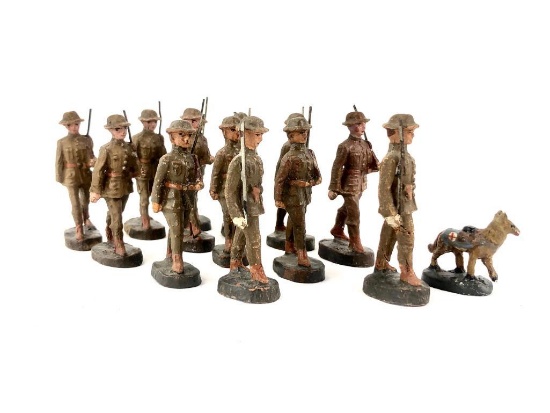 (13) 2.5" Elastolin Pre WWII Composition Hand Painted Soldiers & (1) Dog