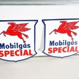 Two Reproduction 1950's Style Mobilgas Special Porcelain Pump Plates