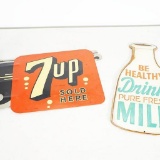 Reproduction 7-Up Tin Flange Sign And A Reproduction Tin Milk Sign