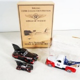 (4) Die-Cast Cars- (2)Bat Mobiles, Texaco Mystery Flyer MIB & Goodyear Tow Truck MIB