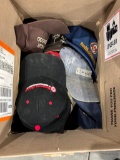 Assorted Hats, screws, tool belt